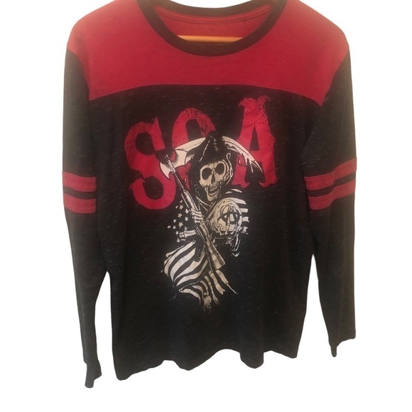 Sons of Anarchy SOA Graphic Baseball Tee Size M Red Black Speckle Skull - Picture 1 of 6